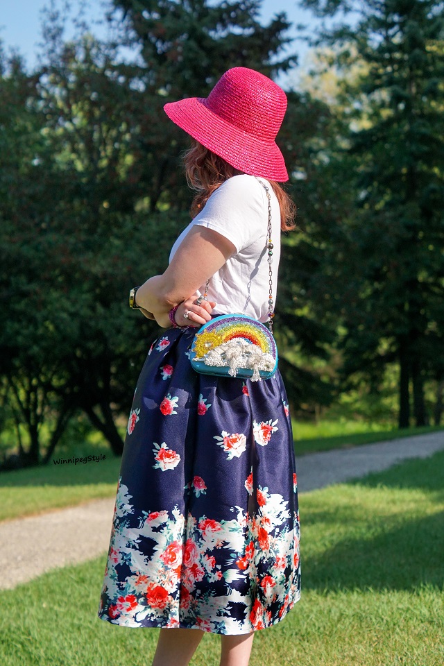Winnipeg Style, Canadian Fashion blog, stylist, Chicwish navy rose print midi vintage style skirt, Mary Frances one of a kind rainbow sun beaded clutch bag, Scala pink straw hat, summer style, modern vintage